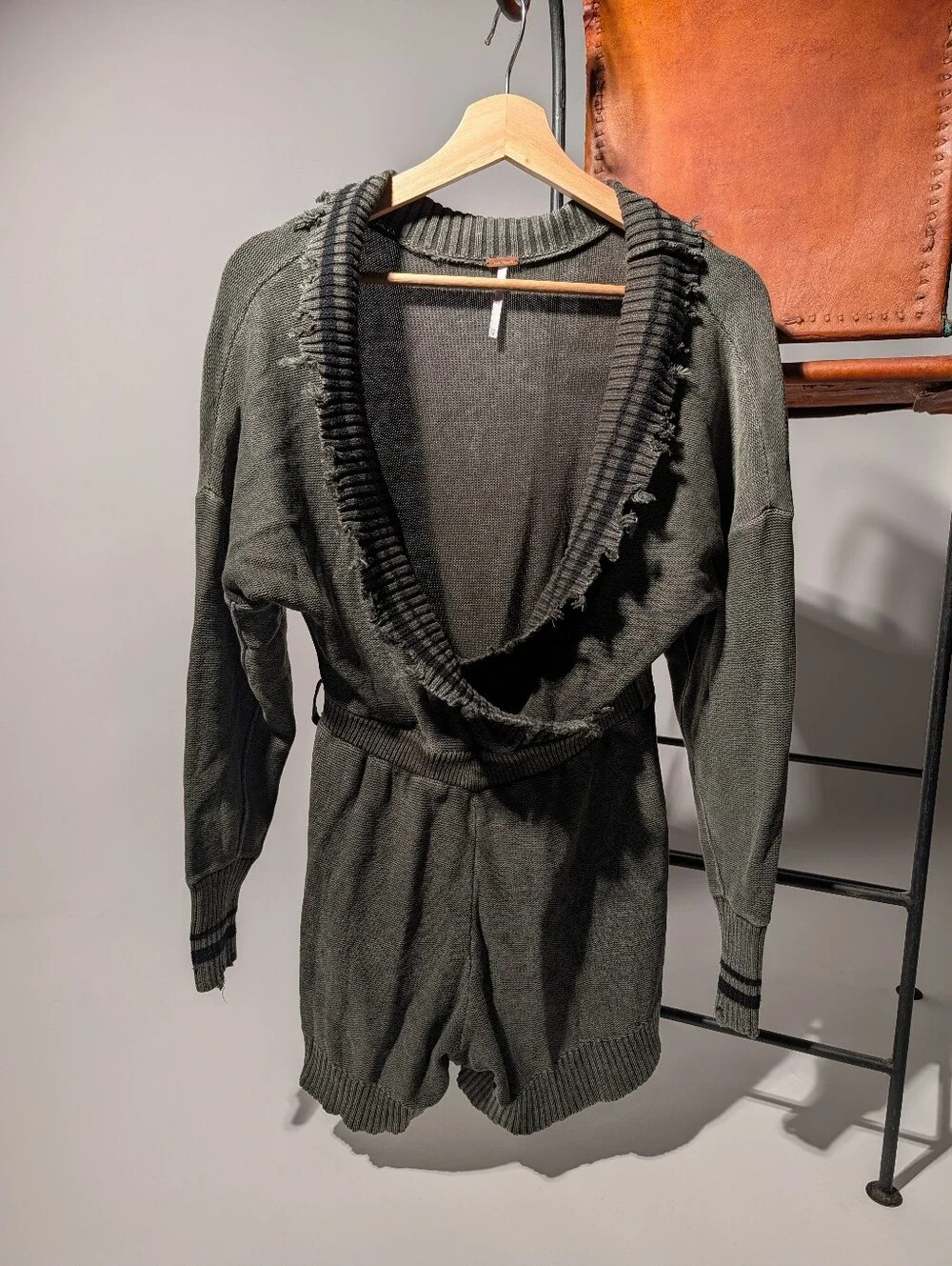 Free People Distressed Knit Sweater Wrap Romper Faded Black XS